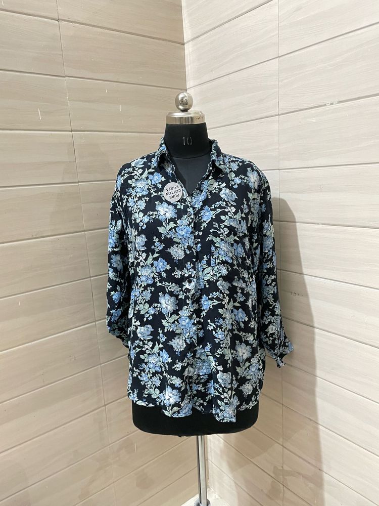 Oversized Floral Print Button-Up Shirt