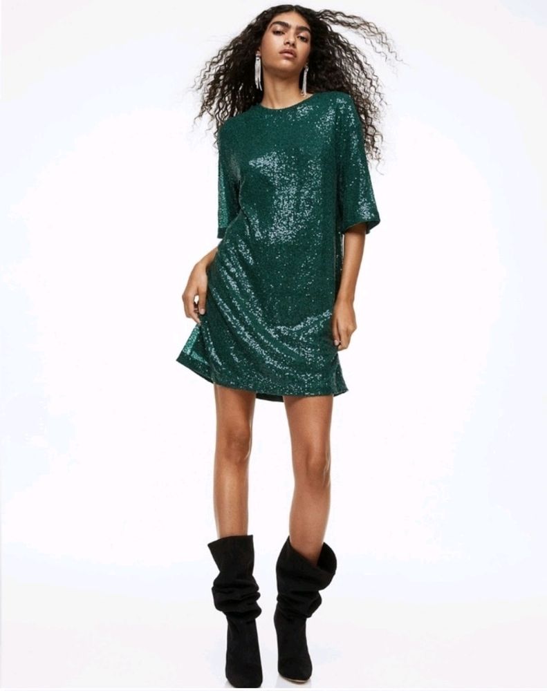 H&amp;M Sparkly Emerald Green Mini Dress