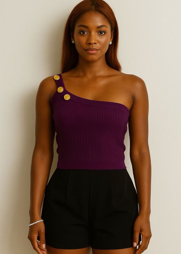 One-Shoulder Ribbed Knit Top with Gold Buttons