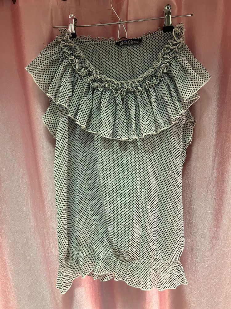 Sheer Polka Dot Ruffle Top