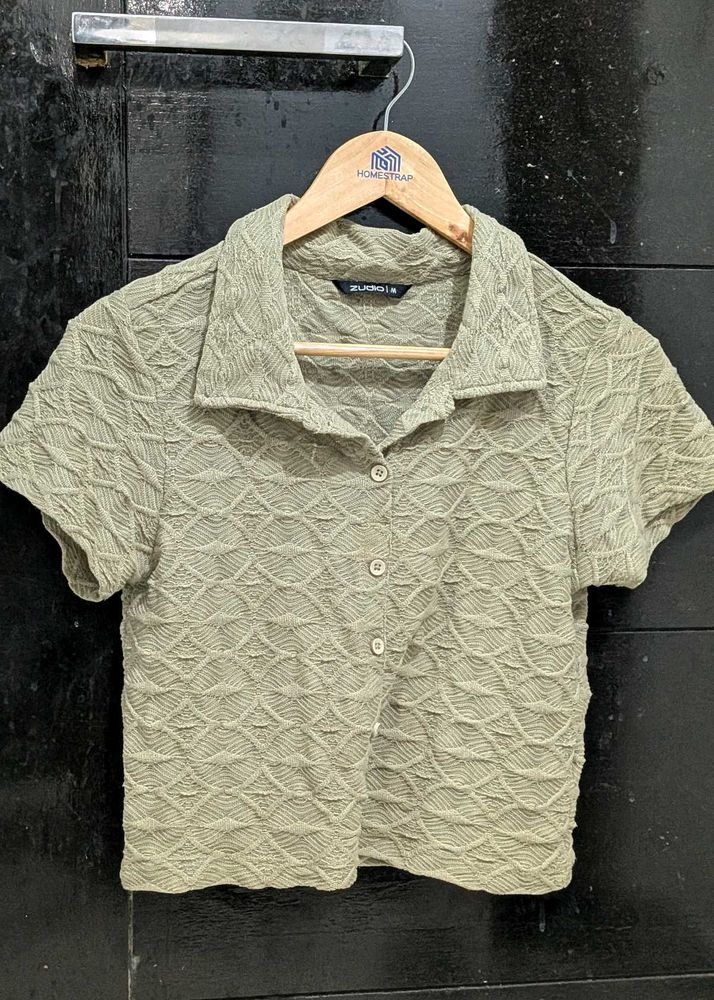 Textured Collared Cropped Shirt