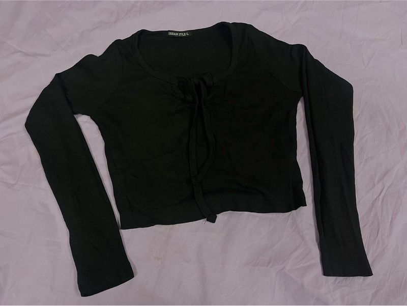 Black Tie-Front Long Sleeve Top