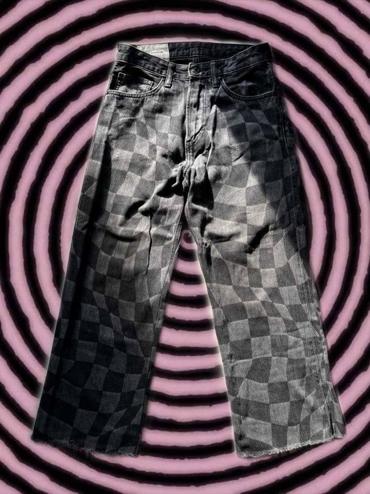Checkerboard Print Wide Leg Jeans