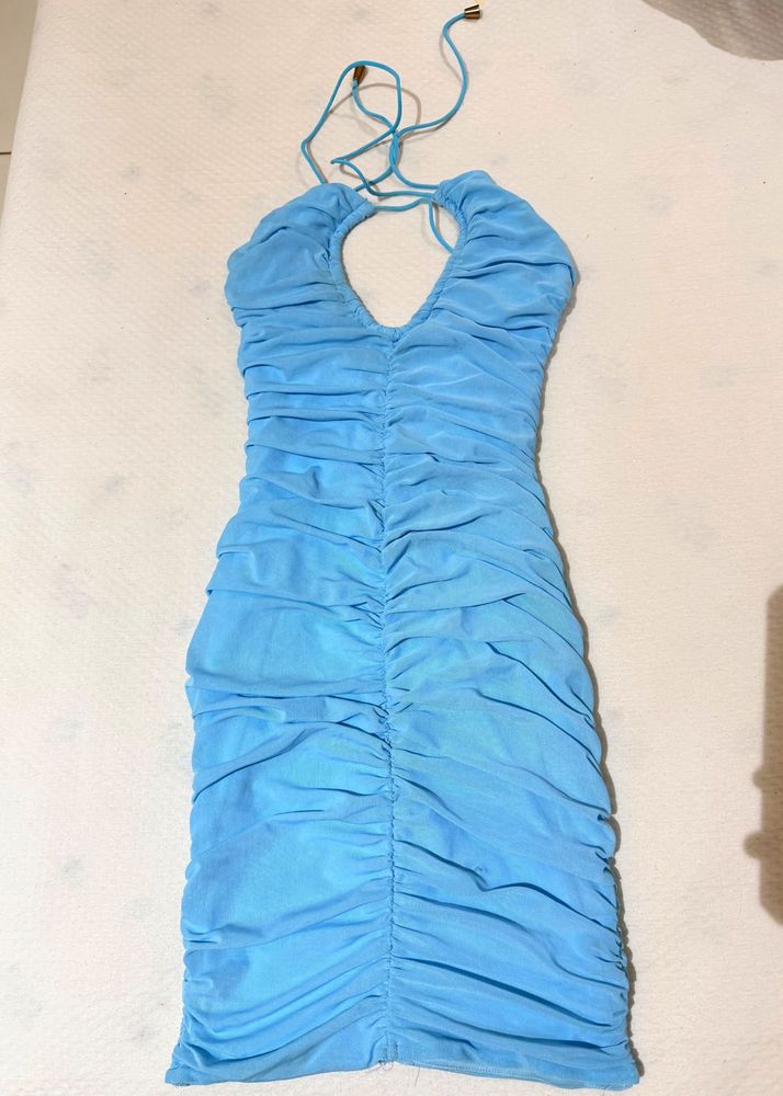 Blue Ruched Halter Neck Dress