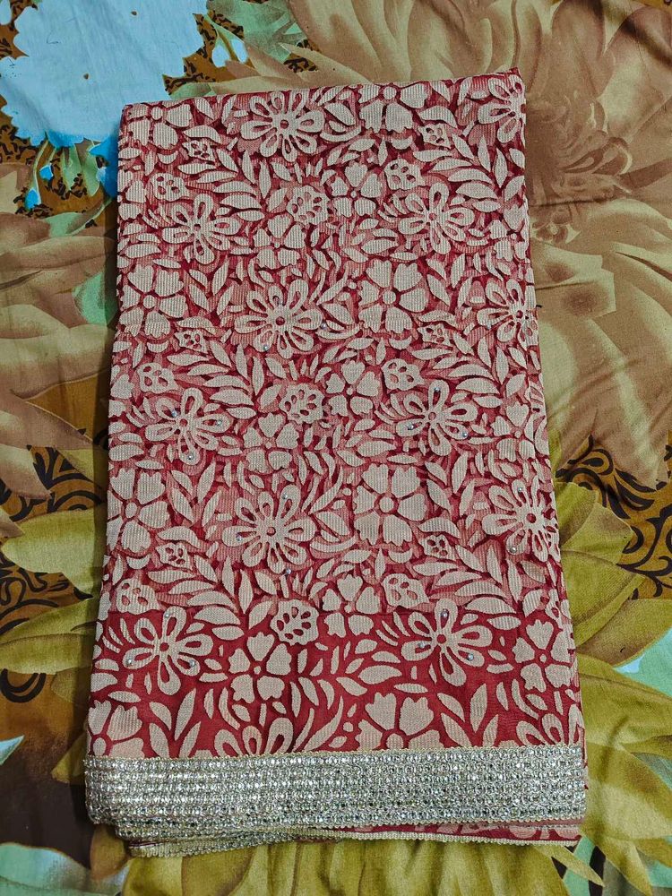 Red Floral Print Saree with Embellished Border