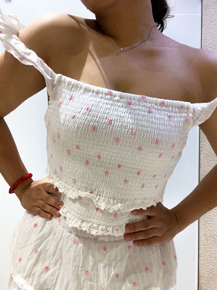 White Smocked Crop Top with Pink Embroidery
