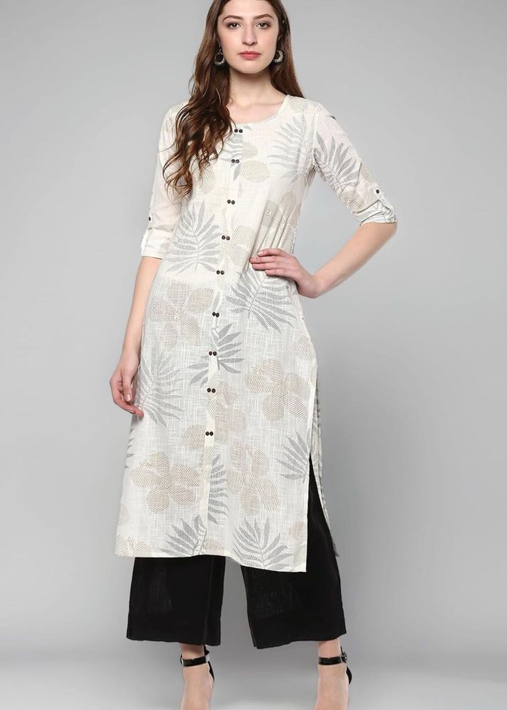 JANASYA White &amp; Grey Kurta(without pants)| Size XS