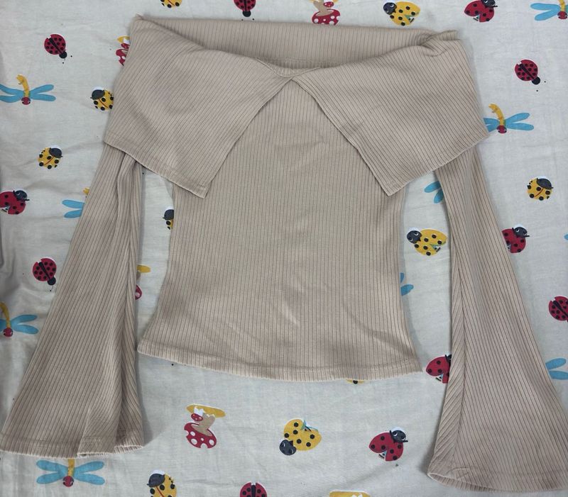 Pinteresty Beige Off-Shoulder Bell Sleeve Top