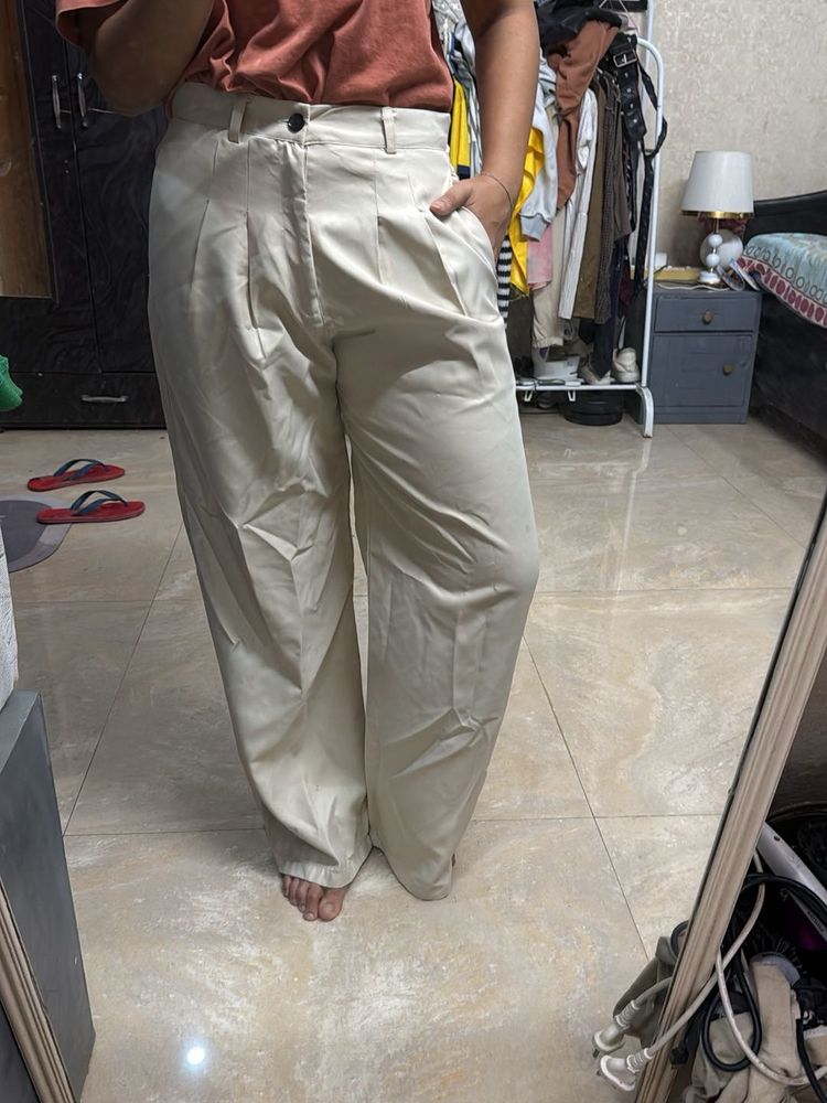 Cream Wide Leg Pleated Pants