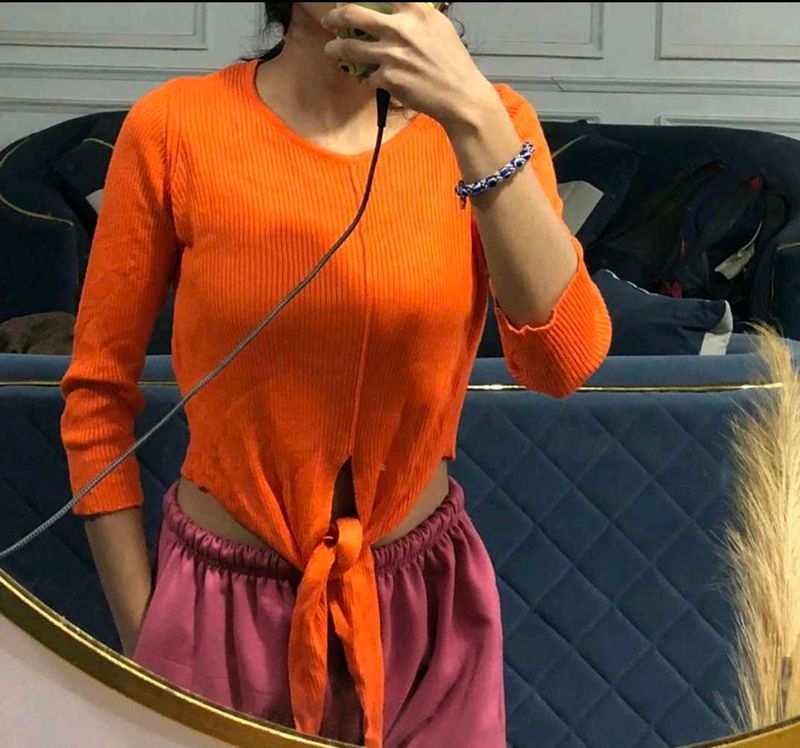Orange Ribbed Tie-Front Top