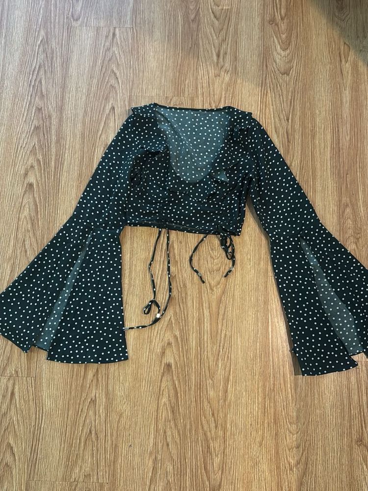 Black Polka Dot Bell Sleeve Crop Top
