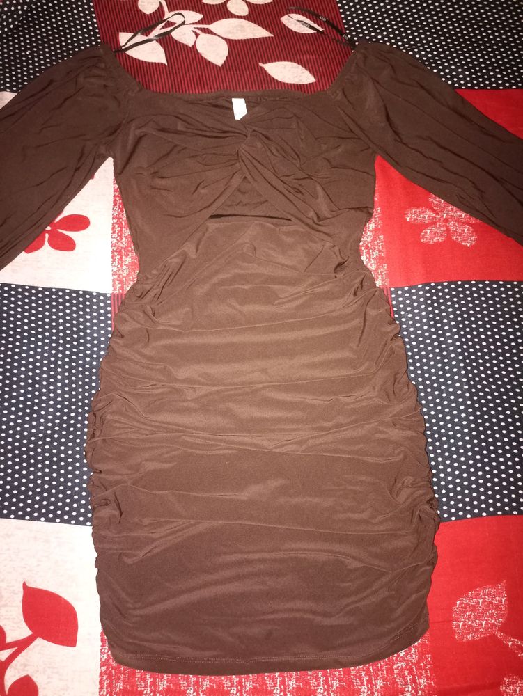 Cut Out Dark Brown Knee Length Dress