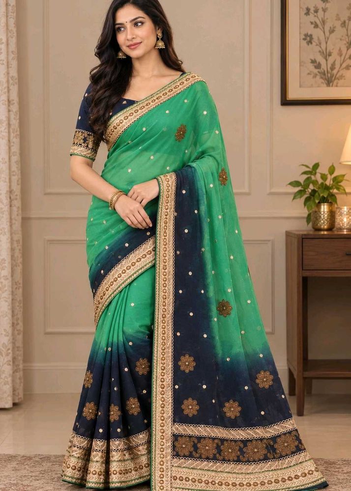 Green &amp; Navy Ombre Embroidered Saree