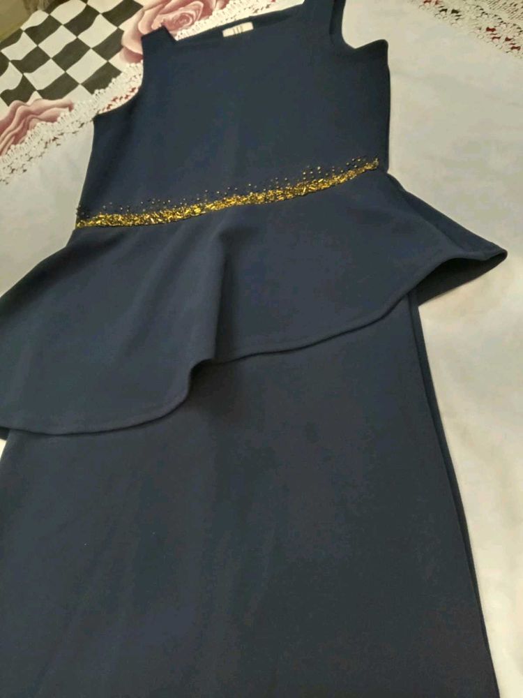 Navy Peplum Dress with Gold Bead Detail