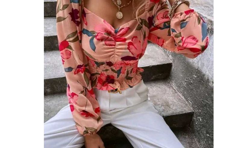 Floral Print Shirred Blouse