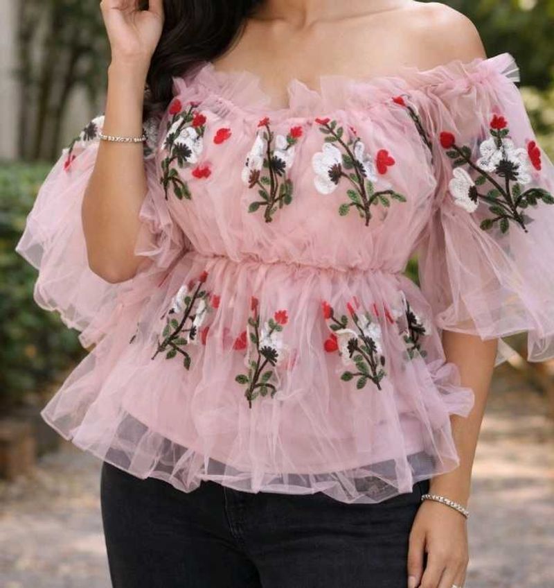 Sheer Pink Embroidered Ruffle Top