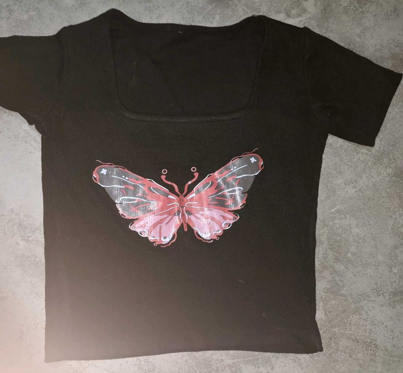 Black Butterfly Graphic Square Neck Top