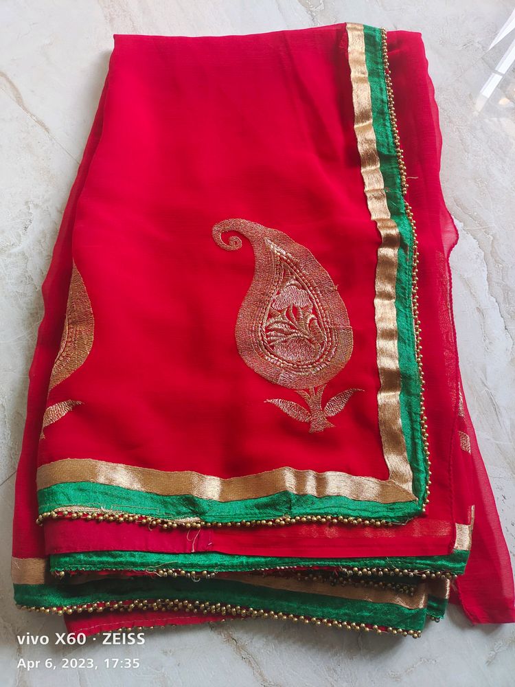 Bright Red Chiffon Saree With Border