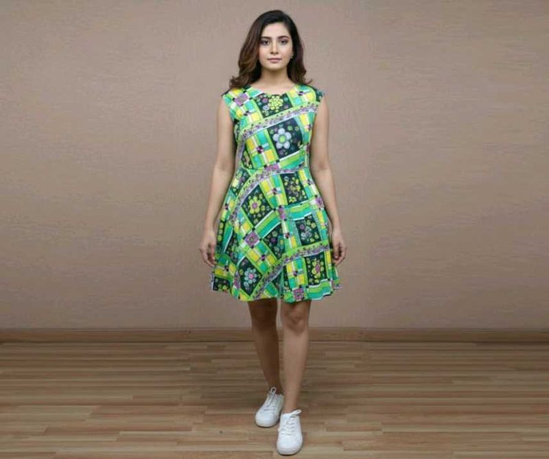 Green Floral Print Skater Dress