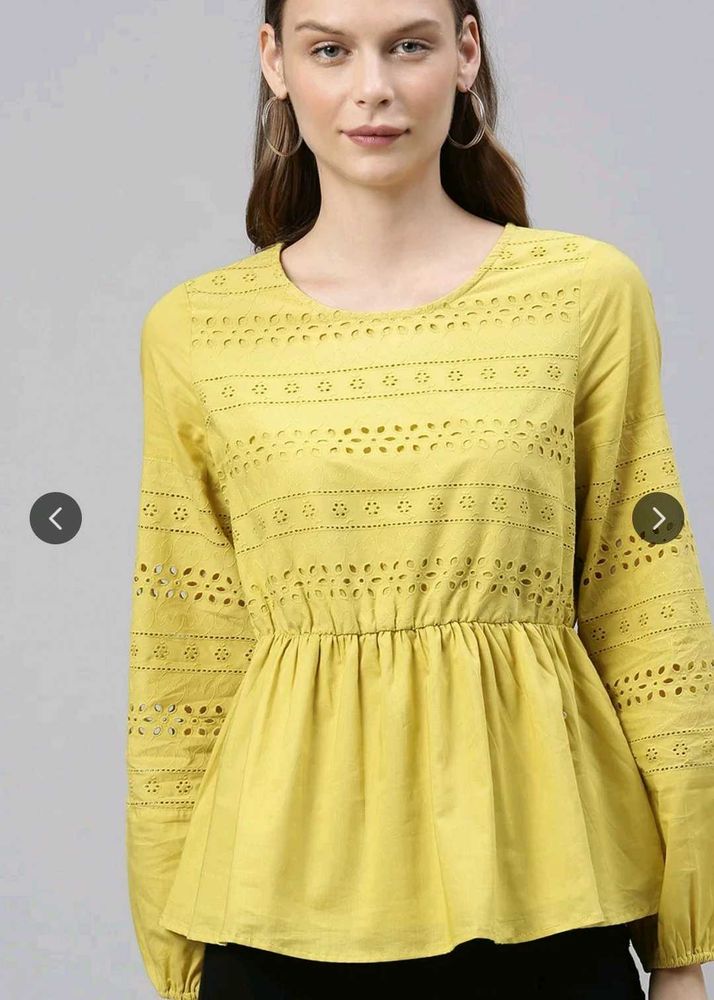 Yellow Eyelet Peplum Top