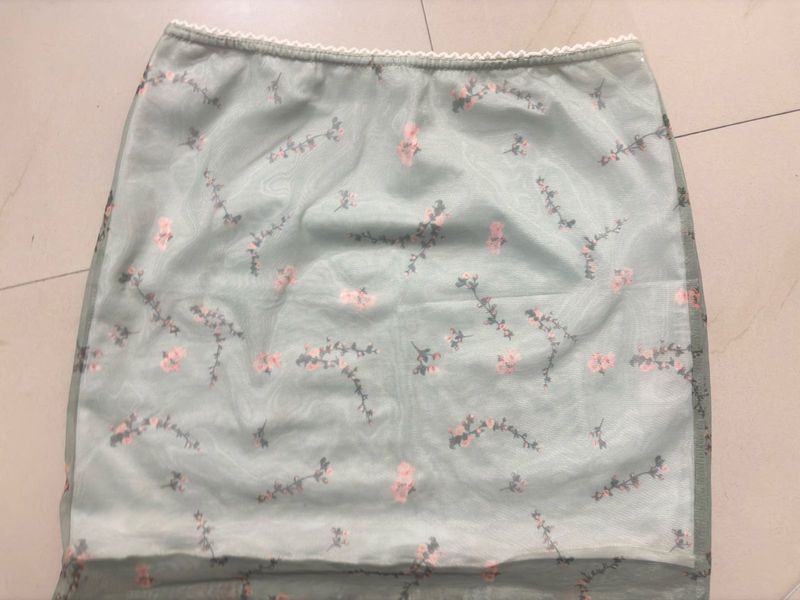 Pastel Sage Green Mesh Floral Mini Skirt