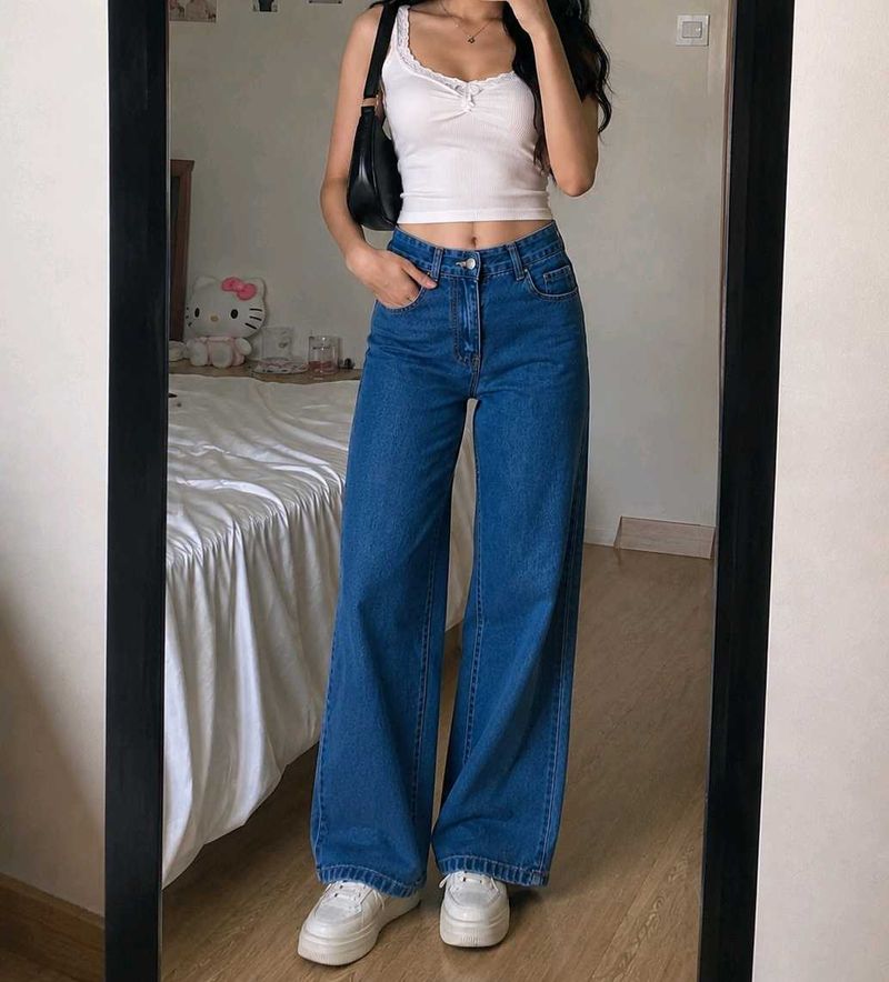 Wide Leg Blue Denim Jeans