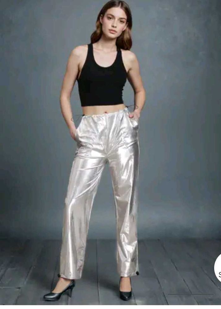 Silver Metallic Wide-Leg Pants