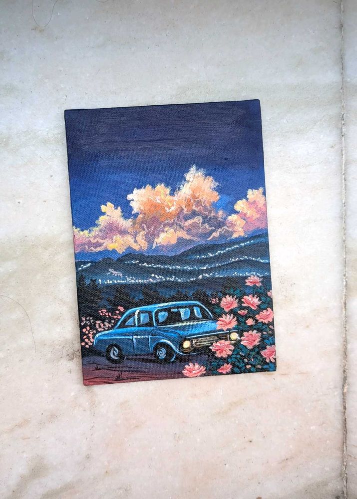 Vintage Car &amp; Sunset Painting