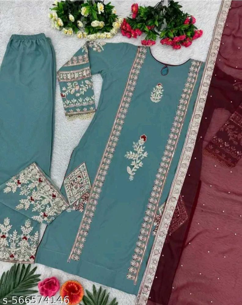 Embroidered Kurta Set with Palazzo &amp; Dupatta