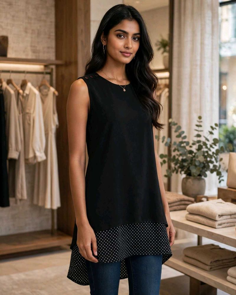 Chic Black Polka Dot Trim Sleeveless Top