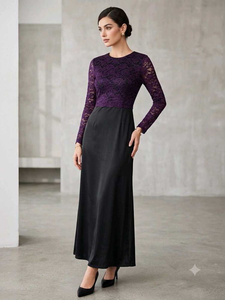Elegant Purple Lace &amp; Black Maxi Dress