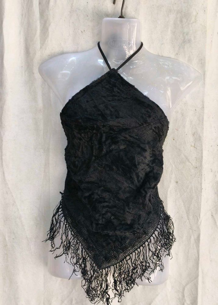 Black Halter Neck Fringe Top
