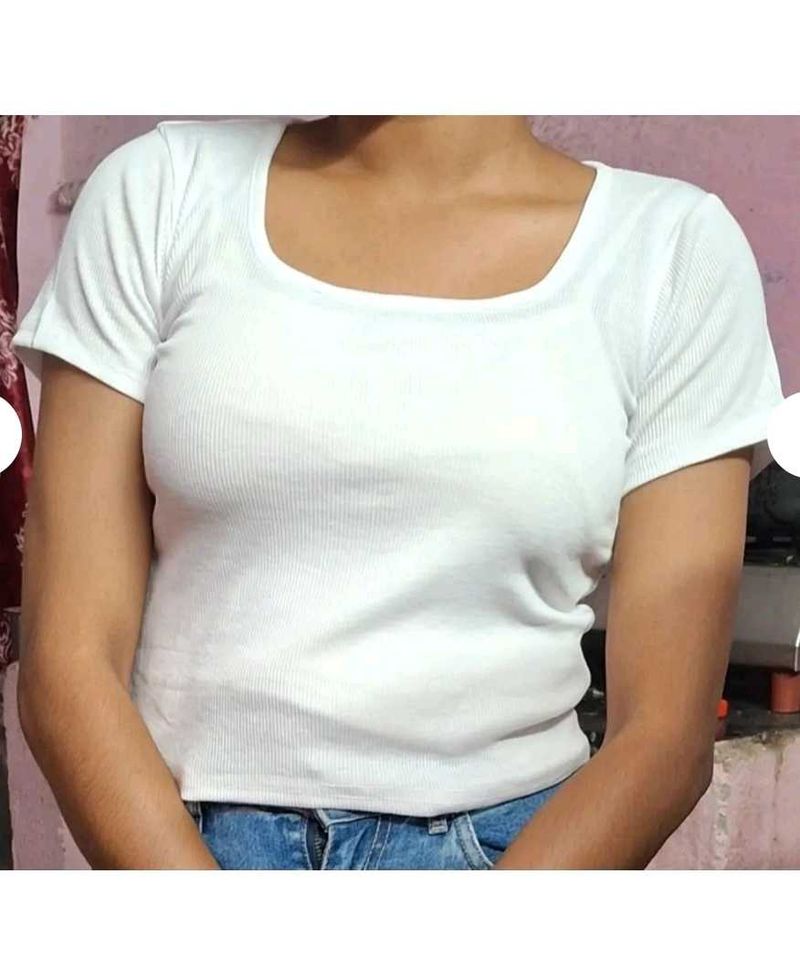 White Ribbed Square Neck Top