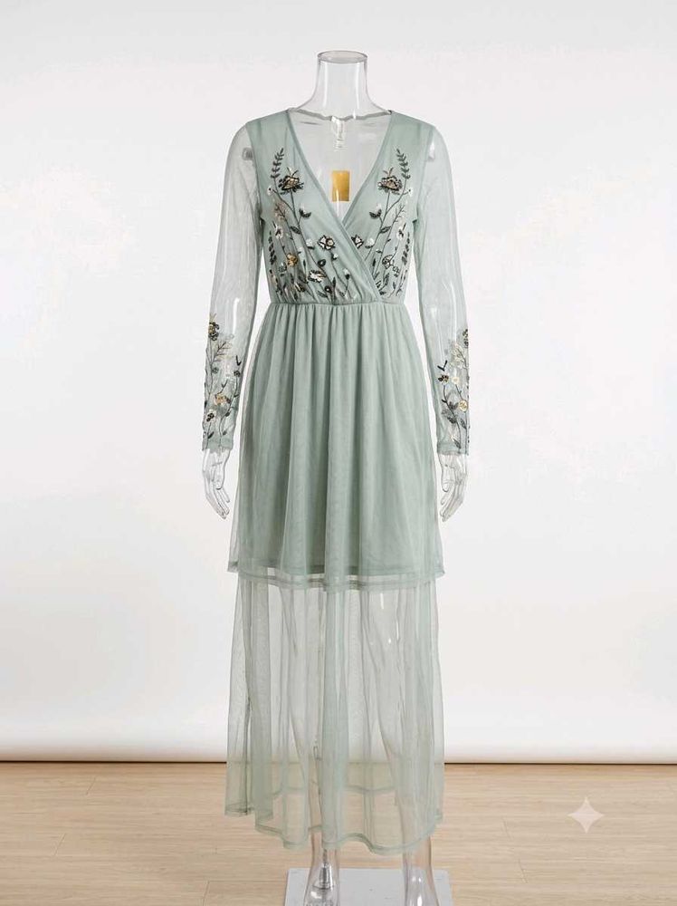 Embroidered Mesh Maxi Dress