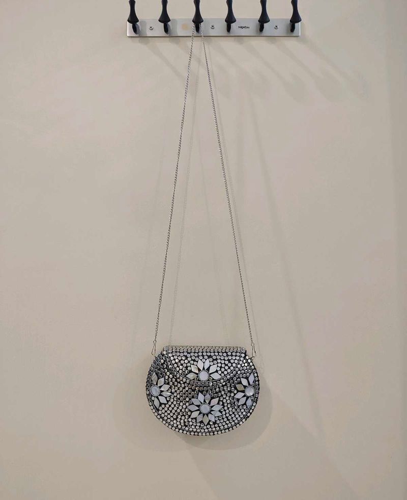 Brand New Silver Mirror Work Metal Clutch Bag