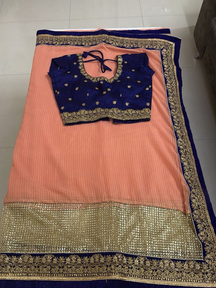 Peach &amp; Blue Saree with Blouse