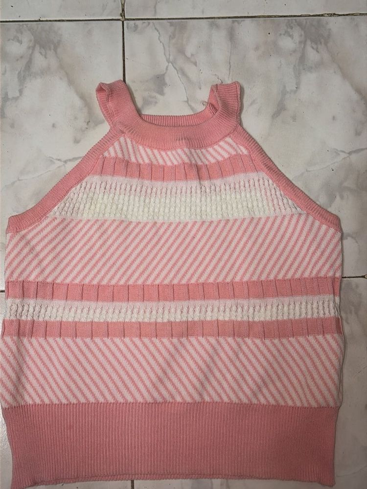Pink &amp; White Striped Knit Tank Top