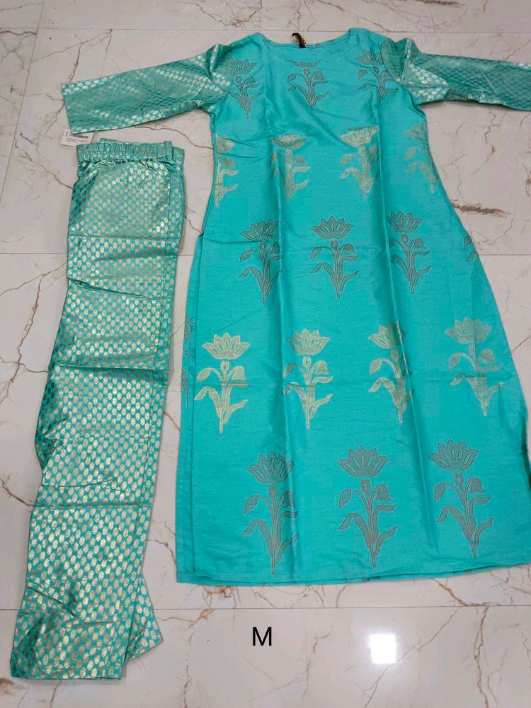 Elegant Aqua Kurta Set with Floral Print 2pc M