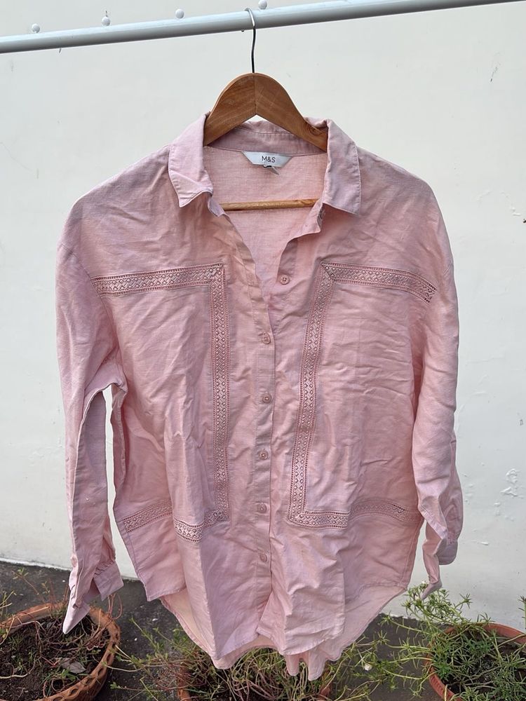 Pink Lace Detail Button-Up Shirt