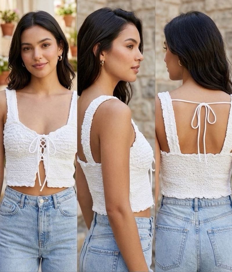 White Smocked Tie-Front Crop Top