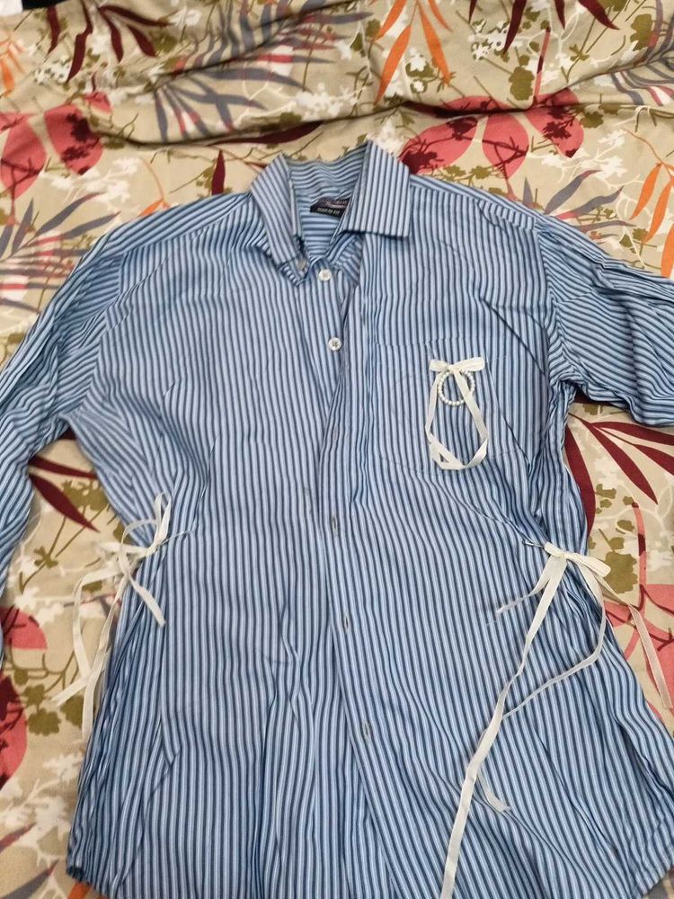 Blue Striped Button-Up Shirt with Tie Details