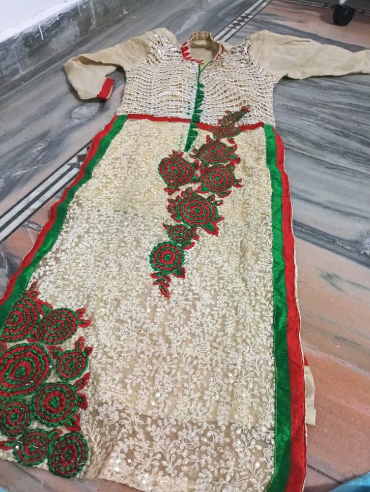 Elegant Cream Kurta with Red &amp; Green Embellishment