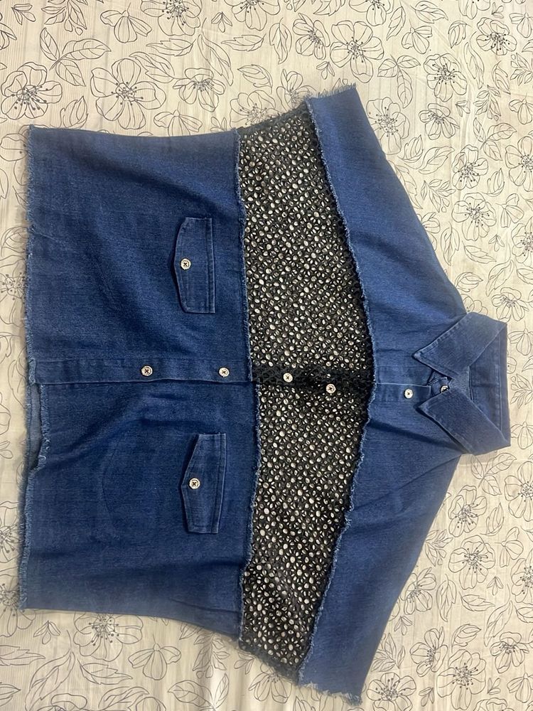 Unique Denim &amp; Print Button-Up Shirt