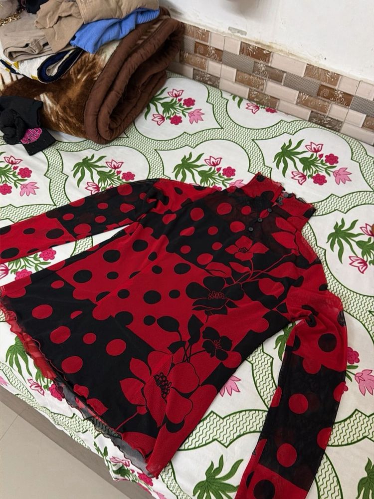 Red &amp; Black Polka Dot Dupatta