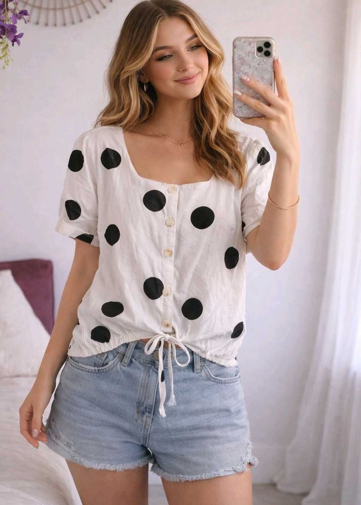 Polka Dot Tie-Front Top