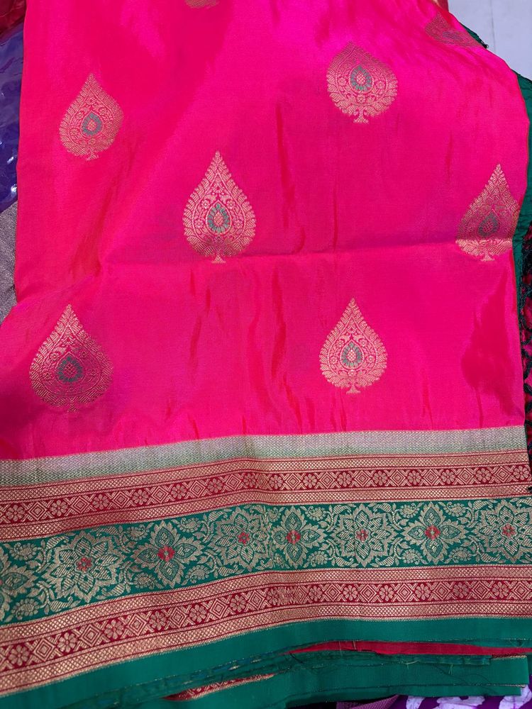 Vibrant Pink Saree with Gold Border