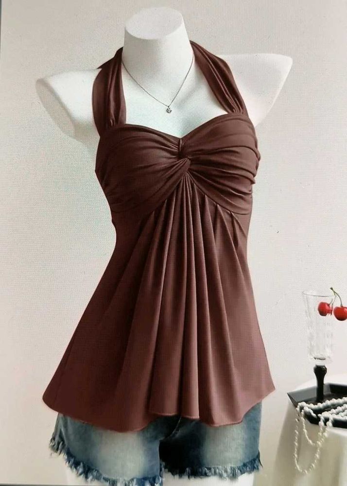 Brown Halter Neck Ruched Tank Top