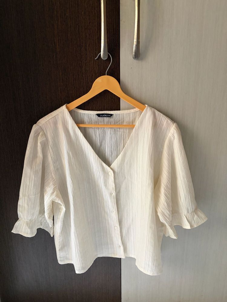Cream Textured Button-Up Blouse