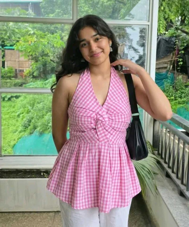 Pink Gingham Halter Neck Peplum Top💋