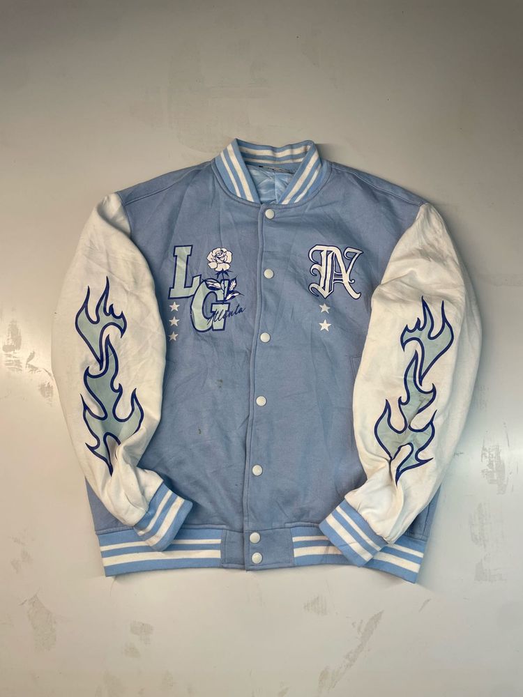 Light Blue Varsity Jacket with Flame Sleeves